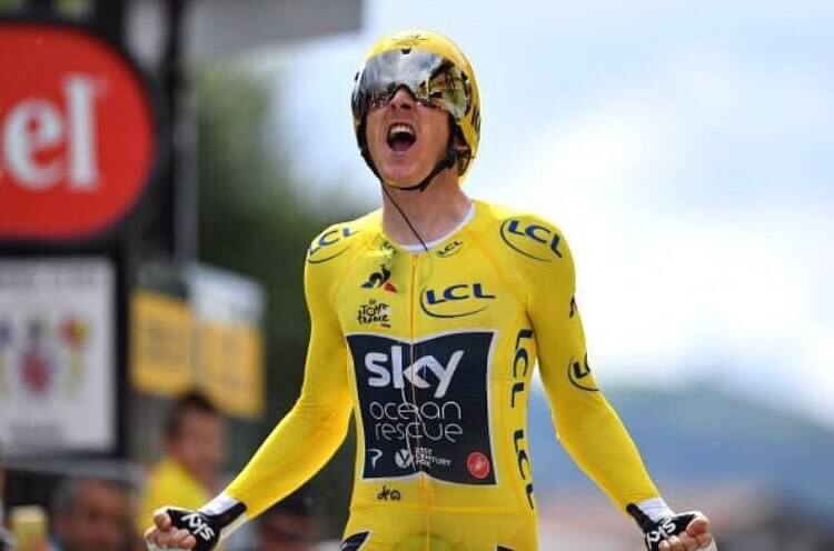 Geraint Thomas celebrating winning the tour de france